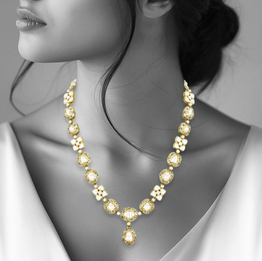 Polki Necklace with Teardrop Pendant in Partash work